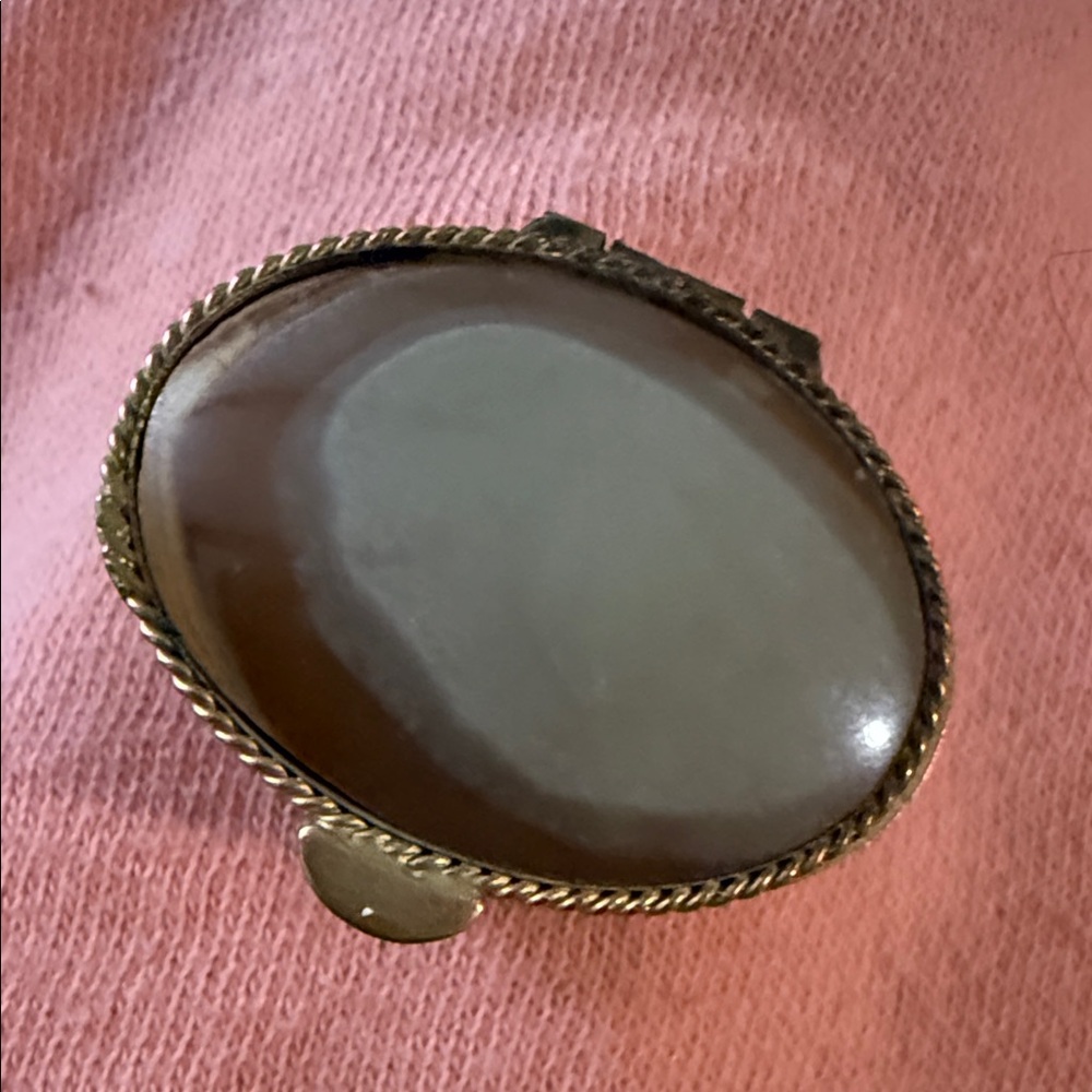 Elegant Gold and Brown pill box. Stone top. Maybe agate.  Beautiful and ornate.